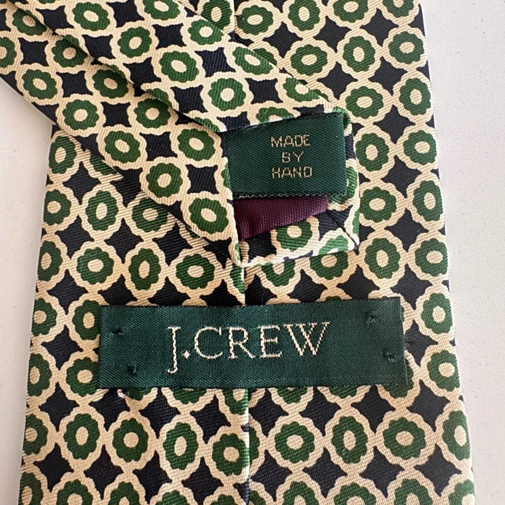 J.Crew Necktie Mens OS Green Navy‎ Geometric Medallion 100% Silk Hand Made USA